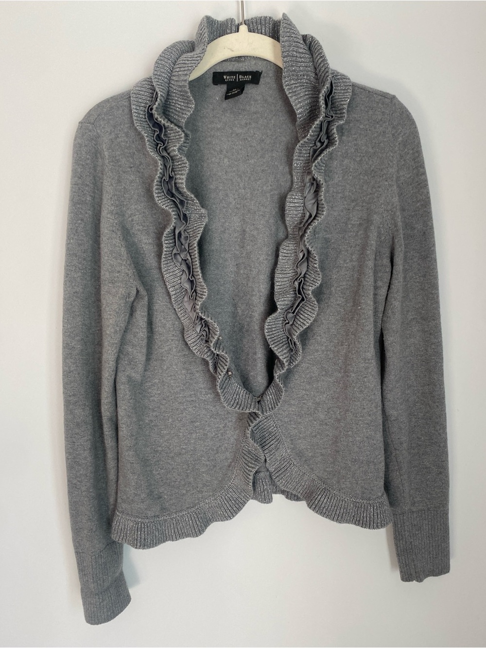 White House Black Market Gray Ruffle-Trim Open Cardigan Sweater Size Medium